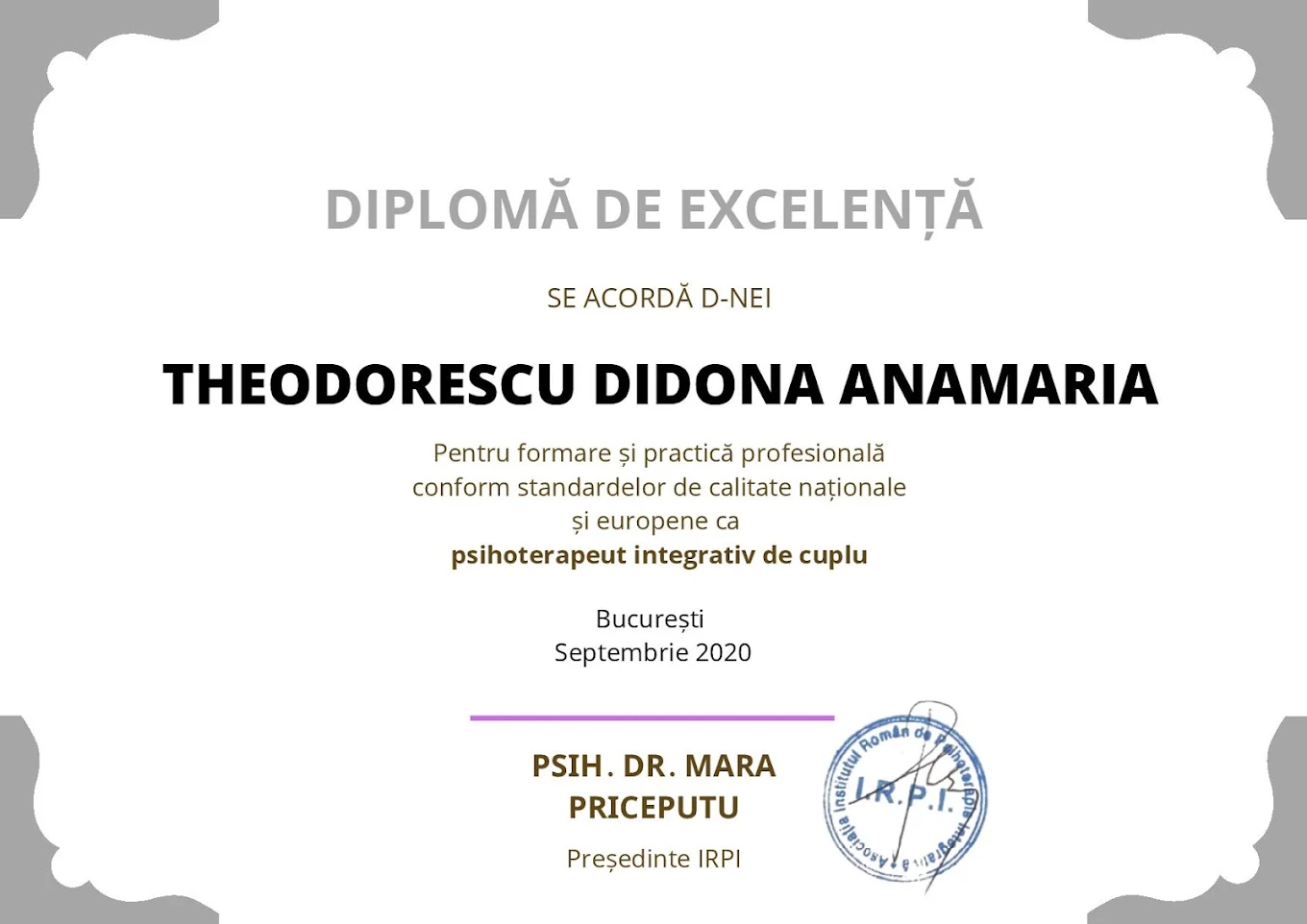 Diplomă de formare profesională a psihologului Didona Theodorescu